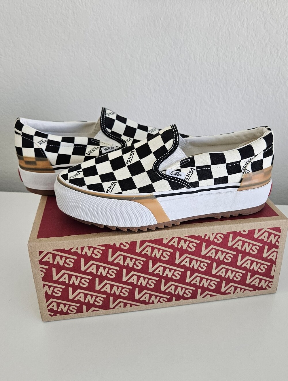 Vans Checkerboard Stacked Women 9 Slip-On Platform Translucent Gum Sole Sneakers